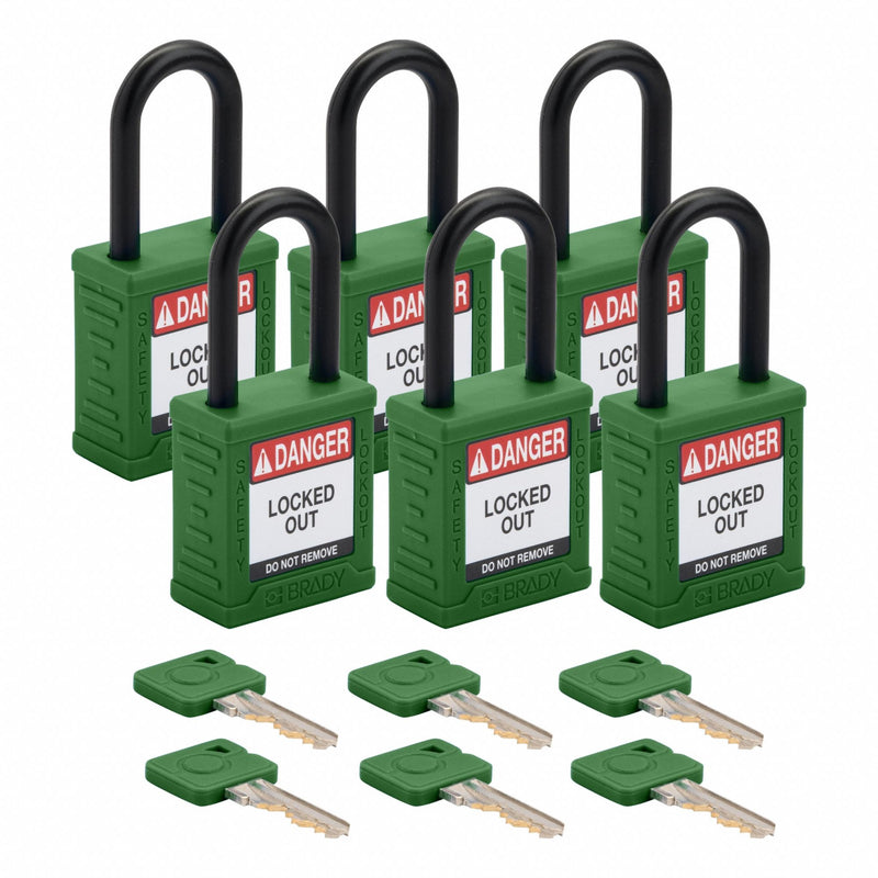 Brady SDPL-GRN-38PL-KD6 Padlock, Keyed Different, Nylon, Std Body Body Size, Plastic, Std, Green, 6 Pack Size, Plastic