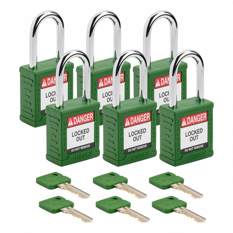 Brady SDPL-GRN-38ST-KD6 Lockout Padlock, Keyed Different, Nylon, Steel Shackle, Green, 6 Pack