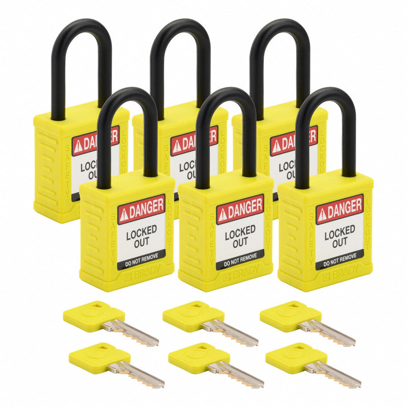 Brady SDPL-YLW-38PL-KD6 Padlock, Keyed Different, Nylon, Std Body Body Size, Plastic, Std, Yellow, 6 Pack Size, BRADY