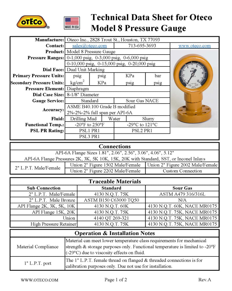 Oteco 381981 Model 8 Pressure Gauge