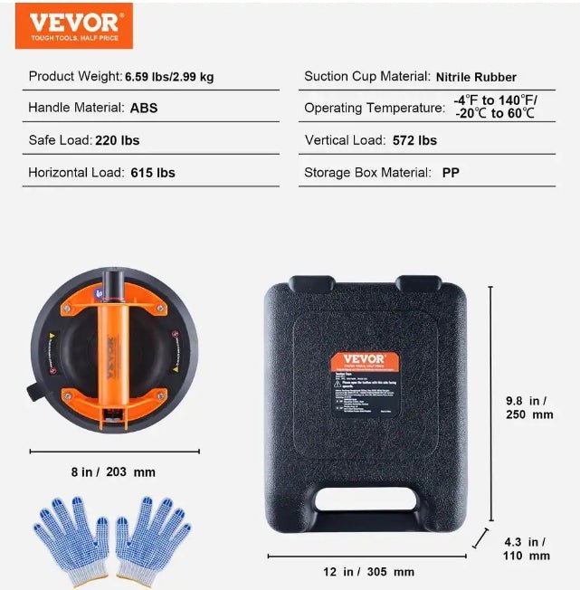 Vevor YXZKXPSL2J8YLA7CMV0 Glass Suction Cup 8 in. Industrial Vacuum Suction Cup 615 lbs. Load Capacity with ABS Handle and Carry Box, 2PK