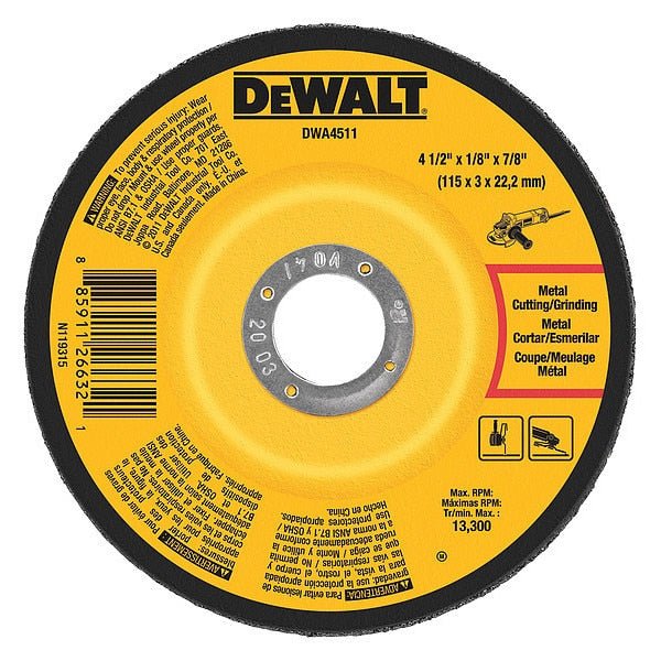 DeWalt DWA4511 Cut-Off & Grinding Wheel Type 27, 4 1/2 in x 1/8 in x 7/8 in, Aluminum Oxide, 24 Grit