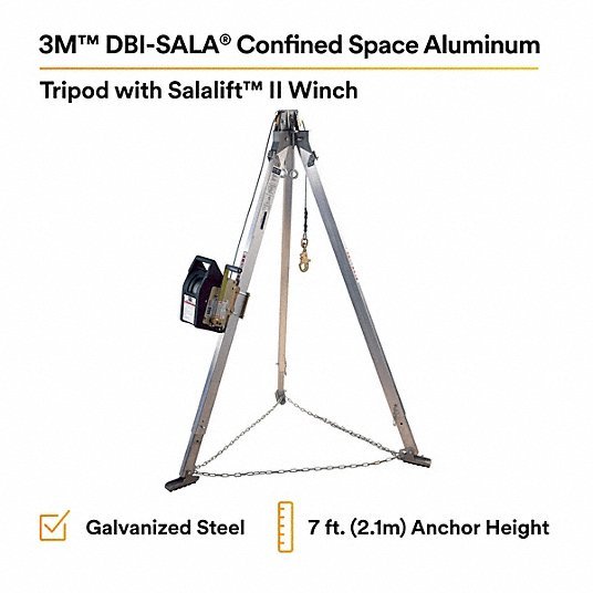 3M DBI-Sala 8301080 Confined Space Aluminum Tripod 7 ft to 7 ft Ht, 60 ft Cable Lg, Steel, Includes Winch