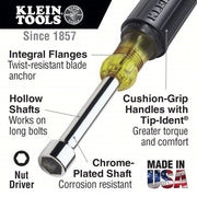 Klein 647 Hollow Shank Nut Driver Set SAE, 9 3/4 in to 10 5/16 in, 6 in Shank Lg, Ergonomic Grip
