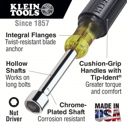 Klein 647 Hollow Shank Nut Driver Set SAE, 9 3/4 in to 10 5/16 in, 6 in Shank Lg, Ergonomic Grip