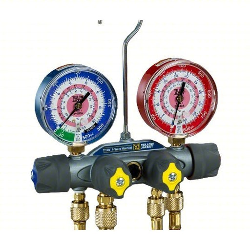 Yellow Jacket 49935 Manifold Gauge 4 Valves, Series Titan, 3 1/8 in Gauge, For R - 134A/R - 404A/R - 407C - Redwood.KV809K44