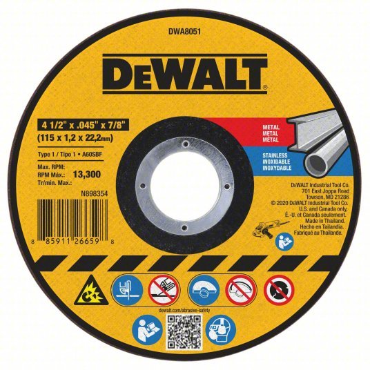DeWalt DWA8051 Abrasive Cut-Off Wheel Type 1, 4 1/2" x 0.045" x 7/8", Aluminum Oxide, 60 Grit, Metal AO PK25