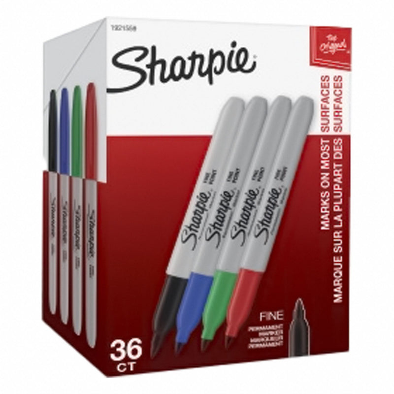 Sharpie 1921559 Permanent Marker, Assorted, (10) Black/(10) Blue/(10) Red/(6) Green, Capped, Fine, 36 PK PK6