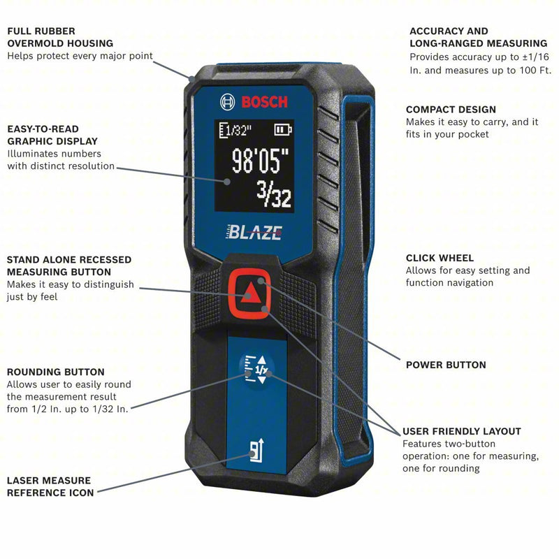 Bosch GLM100-23 Laser Distance Meter, Inch, 6 in – 100 ft, ± 1/16 in, AAA, Rubber, Red
