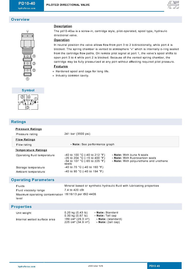 Hydraforce PD10-40-0-NS-110 Piloted 3-Way Valve