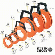 Klein 56331 Steel Fish Tape 50 ft Lg, Flat Tape Shape, Formed Hook End Style, 7 in Case Dia