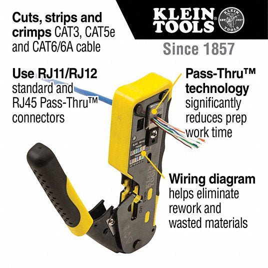 Klein VDV226-110 Ratchet Crimper For Pass Thru RJ-45/RJ-11/RJ-12, Cat3/Cat5e/Cat6/6A, Non-Insulated