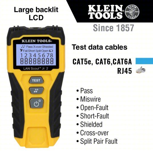 Klein VDV526-200 Cable Tester, LAN Scout Jr. 2, Backlit LCD, Multiple Tone Generator, Use With Dark Cable Systems